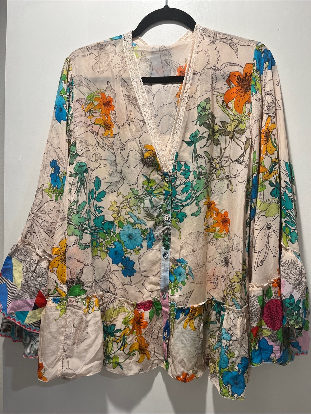 Johnny Was Floral Button-Down Shirt in Cream, Blue, Green, Orange